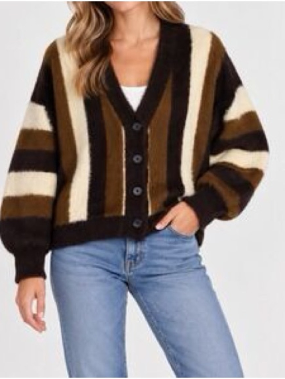 Industry Republic Clothing Fuzzy Striped Cardigan L Brown Cream Y2K
